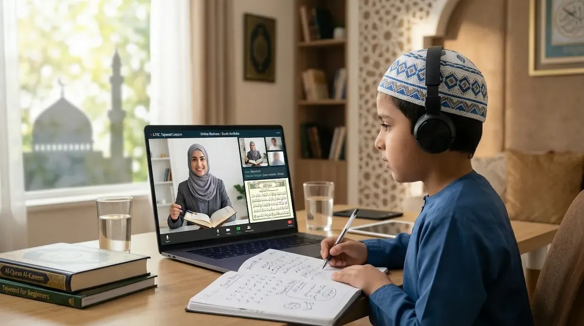 Child attending a live online Quran class on a laptop with his tutor