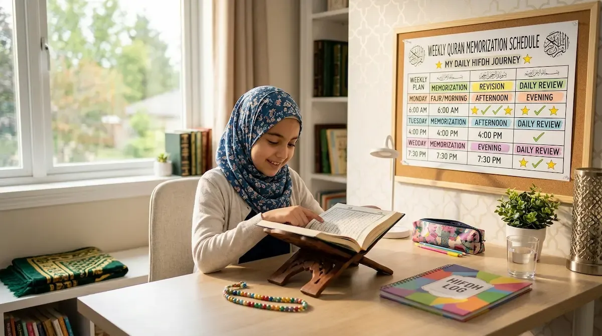 Young girl studying at home with her Quran memorization (Hifz) schedule