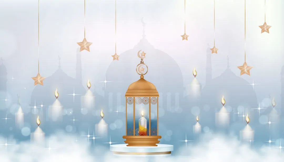 Illustration of a traditional Islamic lantern with crescent moon and stars