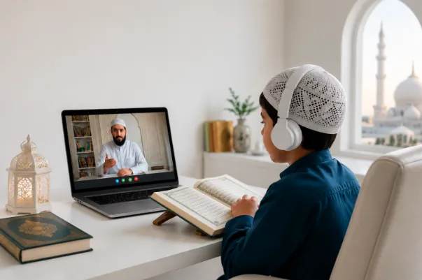 A young Muslim boy wearing headphones and a prayer cap attending a live class to learn Quran online with a teacher on his laptop.