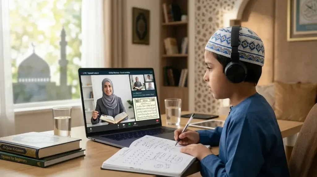 Young Muslim boy in a kufi cap attending a live one on one online Quran class on a laptop with his female Quran teacher
