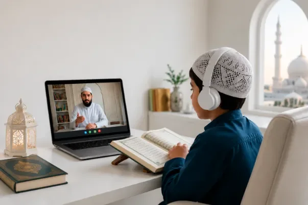 A young Muslim boy wearing headphones and a prayer cap attending a live class to learn Quran online with a teacher on his laptop.